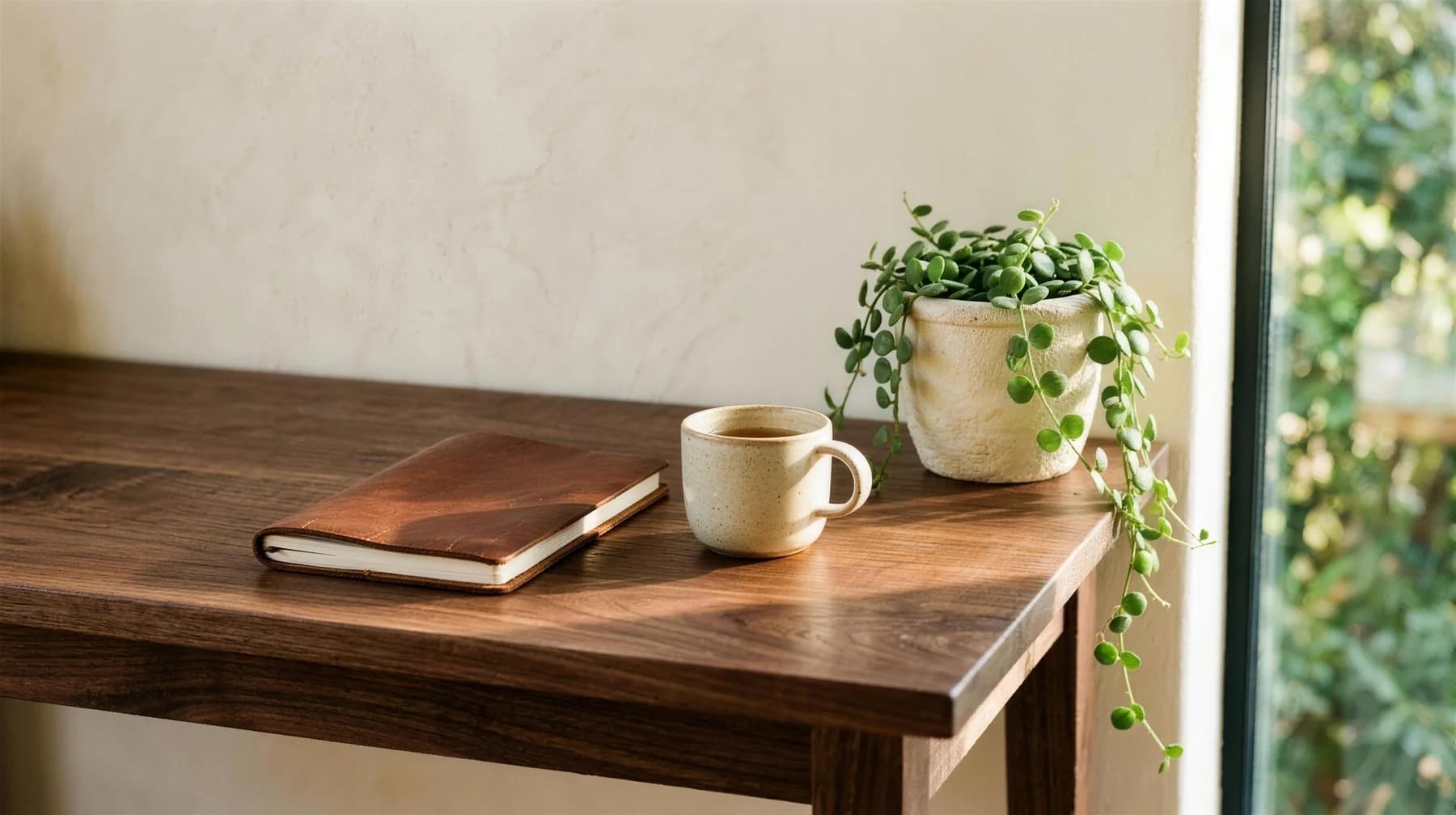 A walnut desk corner with a closed notebook, a ceramic cup, and a small trailing plant in morning light. Concept rendering, Maai\u00AE Savannah studio.