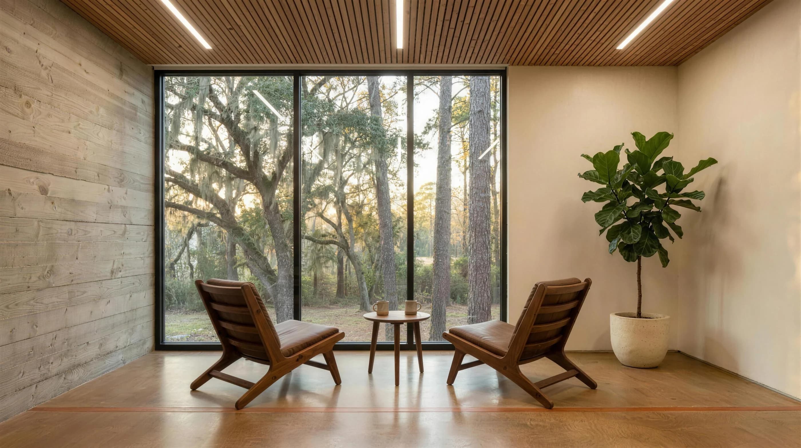 Two chairs angled toward each other beside a window looking out to live oaks. Concept rendering, Maai\u00AE Savannah studio. Not a photograph of a current facility.